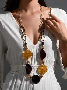 1pc Boho Statement Women's Long Necklace,Vintage Golden Chain Amber Acrylic Geometric,Adjustable Stacked Layered Jewelry For Daily Vacation Date Party - Multicolor - View 2