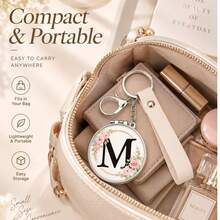 1pc 26 Letters Optional Floral Design Double-Sided Portable Makeup Mirror, 1X High Definition Mirror 180° Foldable PU Leather Pendant, Girls Bag Keychain Mirror/Bag Charm - Multicolor - View 5
