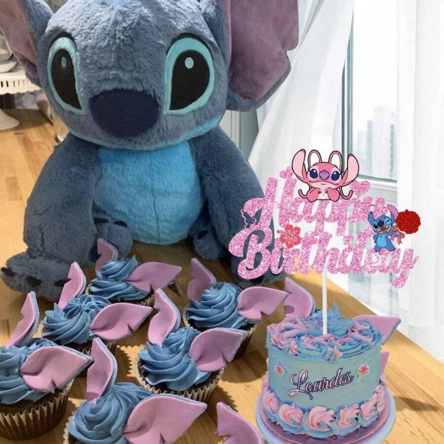 Stitch Happy Birthday Cake Topper, Glitter Cartoon Character Cake Decor With Tropical Leaf And Flower Elements For Birthday Party Cake Decorations - View 1