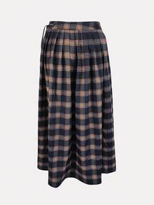 Women's Elegant Plaid Long Skirt, Polyester Material, Flared Hem Design, Fashionable Knot Detail, Perfect Autumn Outfit - Navy Blue - View 6