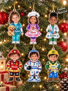 1pc Custom Kids Photo Career Christmas Ornament,Vet Chef Scientist Firefighter Astronaut Builder Custom Face Tree Decor,Holiday Keepsak,Christmas Gift - Cadet Blue - View 1