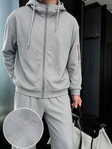 GOLDREDY Set 2 Potong Kasual Premium Pria, Jaket Berkerudung Rajut Waffle yang Bernapas & Celana Olahraga, Sweatshirt Olahraga untuk Perjalanan Bisnis - Grey - View 5