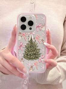 1pc Fashion Creative Phone Case, With Pink Snowflake Pattern, Bow, Candy, Christmas Tree And Snowman Full Screen, Shockproof 2-In-1 TPU Soft Protective Shell, Color Contrast, Suitable For Apple 11/12/13/14/14plus/15/15plus/16/16plus/17/17/17/17pro - Pink - View 4