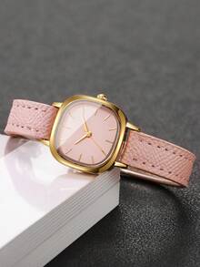 Women's Fresh Petite Thin PU Strap Quartz Watch, Minimalist Square Dial With Markings, Small Face, Suitable For Girls And Students For Daily Wear, Gift Watch (1pc/Set) Watch Box Not Included - Pink - View 7