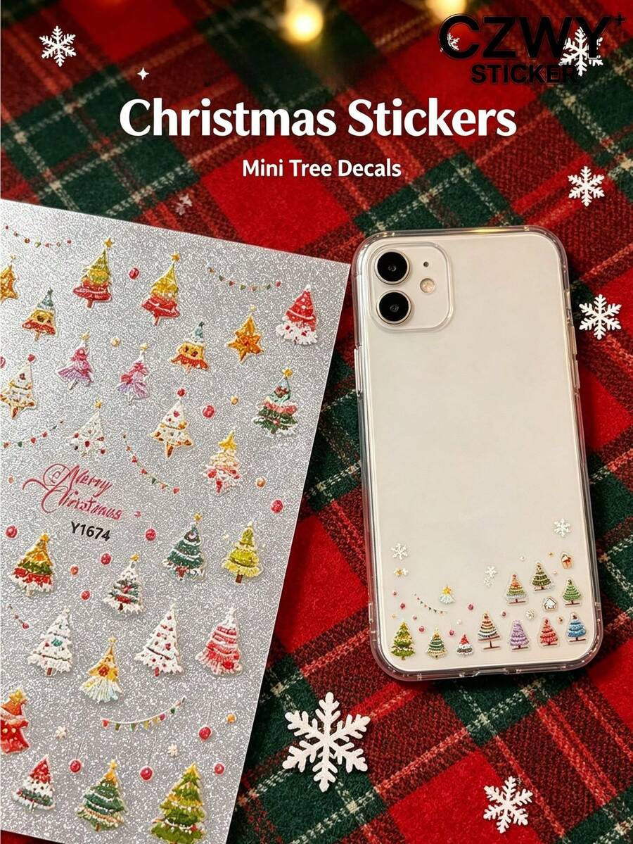 2pcs Colorful Fresh Christmas Tree Pattern Decorative Stickers With Tweezers, Self-Adhesive, Exquisite Atmosphere Stickers, Can Be Freely Assembled And Matched, Suitable For Holiday Gift Box Decoration, Shell, Phone, Laptop, Card, And Other Item Exterior Decoration - Colorful Christmas Tree - View 1