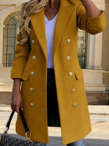 Autumn/Winter Casual Double-Breasted Long Sleeve Wool-Like Fabric Overcoat For Women & Women's Wool-Like Fabric Overcoat With Peak Lapels And Double Button Detail Long Sleeve Regular Fit Jacket - Yellow - View 3
