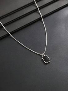 1pc Minimalist Men's Black Square Stone Pendant Necklace, Box Chain Versatile Clavicle Chain, Daily & Party Wear Accessory For Men - White K - View 6