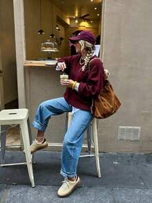 FOR BEAUTY Fall Winter Women Sweaters Y2K Preppy Burgundy Crew Neck Knit Tops Loose Drop Shoulder Pullover Long Sleeve Streetwear Outfits Clothes - Wine Red - View 3