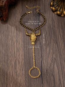 西式牛仔風鏈條牛頭長距離情侶手鍊 - 金黃色印花牛頭 - 查看 3
