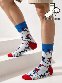 1 Pair Winter Ski Sports Pattern Round Mouth Socks, Gray Linen Color Casual Fashion Socks, Quirky Winter Aesthetic Socks, All-Over Print Ski Pattern Street Style Mid-Calf Socks, Comfortable Cotton Socks For All-Day Wear For Men - Multicolor - View 4