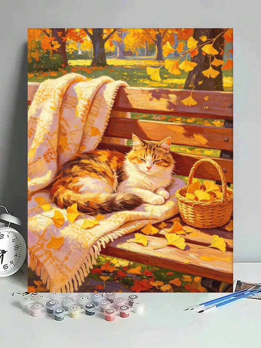 Cat On Park Bench DIY Digital Oil Painting, Adult Beginner Handmade, Canvas Art Wall Decor, Holiday Gift, Includes Painting Tools