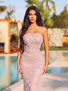 Elegant Mermaid Strapless Evening Gown - Exquisite Embroidered Sequin Formal Dress Fall Wedding Party - Dusty Pink - View 5
