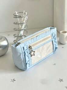 1pc Cute Plaid Pattern Pleated Pencil Case, Star Pendant Double Zipper Stationery Storage Bag, Large Capacity Transparent Window Pencil Pouch, Suitable For Back To School, Holidays, Travel, Soft Fabric Portable Makeup Organizer, Student Gift Choice - Single Piece - View 7