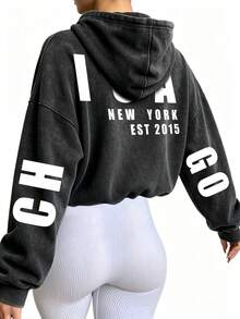 Women's Stylish Casual Hoodie – Letter-Print Pocket Hooded Jacket - Black - View 1