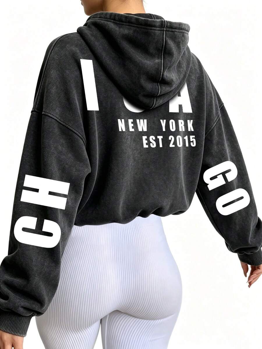 Women's Stylish Casual Hoodie – Letter-Print Pocket Hooded Jacket - Black - View 1