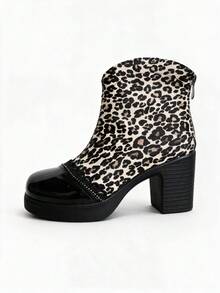 Autumn/Winter New Black Leather Ankle Boots For Women, Leopard Print Rhinestone Decor, Chunky High Heel, Side Zipper, Slimming, Daily Commute - Black - View 6
