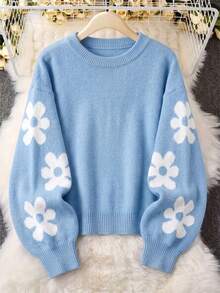 Sweater Rajut Pullover Anak Perempuan Motif Bunga Manis Lengan Panjang Kerah Bulat Kasual Hangat untuk Musim Gugur dan Musim Dingin Fallfashion - Biru - View 2