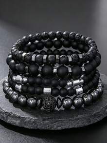 RINTOLER 5pcs/Set Retro & Unique Design Matte Lava Stone Beaded Bracelet With Spacer Beads, Rhinestone Balls And Elastic Cord - Black - View 7