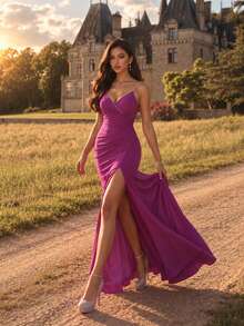 Violet Rhinestone Spaghetti Strap Ruched Mermaid Prom Gown, V Neck High Slit Zip Back Maxi Dress For Wedding Bridesmaid Party Spring Summer - Purple - View 1
