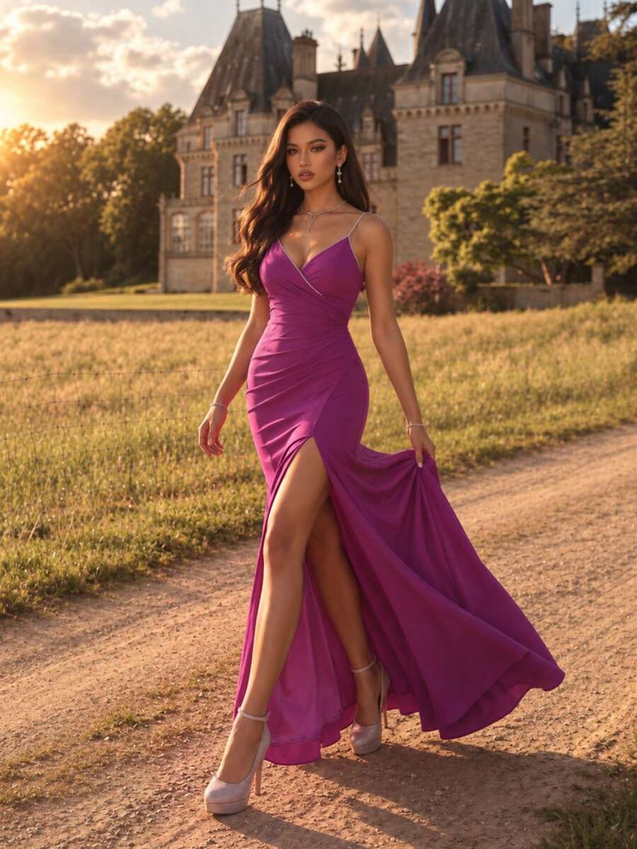 Violet Rhinestone Spaghetti Strap Ruched Mermaid Prom Gown, V Neck High Slit Zip Back Maxi Dress For Wedding Bridesmaid Party Spring Summer - Purple - View 1