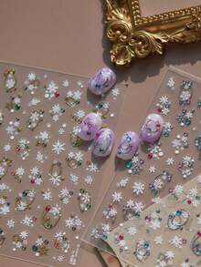 1 Sheet White Snowflake Nail Stickers, Colorful Bead Metal Ring Winter Christmas Self-Adhesive Nail Art Decals, Frozen Style DIY Manicure Nail Decorations - Multicolor - View 4