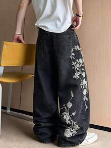 Korean Style Minimalist Men's Black Denim Jeans With Exquisite Side Embroidery, Wide Leg, Versatile Casual Loose Fit Non-Stretch All Season Long Pants 1pc | Belt & Accessories Not Included - Black - View 2