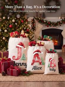 Custom Name Santa Initial Christmas Sack, Large Capacity Reusable Canvas Drawstring Gift Bag, Personalized Xmas Gift Storage Pouch, Holiday Present For Family, Home Christmas Decor, Available In L & XL Sizes - Multicolor 2 - View 4