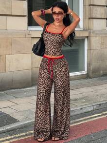 Women's Leopard Print 2 Pieces Set, Colorblock Trim Camisole Top + Drawstring Wide Leg Pants, Suitable For Nightclub Party, Vacation, Casual And Outing Wear - Brown - View 2