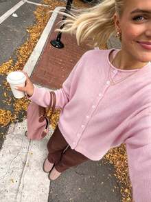 Autumn Back To School Soft Sweater Outfit, Women's Pink Round Neck Button Long Sleeve Cropped Cardigan, Basic Top For Daily Wear, Commuting And Dating - Pink - View 1