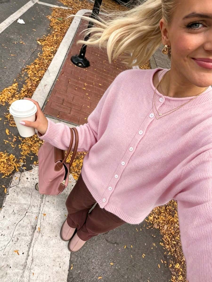 Autumn Back To School Soft Sweater Outfit, Women's Pink Round Neck Button Long Sleeve Cropped Cardigan, Basic Top For Daily Wear, Commuting And Dating - Pink - View 1