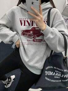 Keep Classic Alive 復古汽車印花女款中長版寬鬆連帽衛衣，秋季休閒上衣 - 淺灰色 - 查看 1