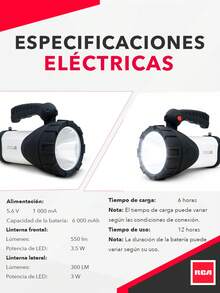 RCA Linterna LED Recargable de Alta Potencia, Lámpara de Mano Portátil para Camping y Senderismo, Reflectores de 550 lm y Luz Lateral de 300 lm, 4 Modos de Iluminación y Batería de 6,000 mAh RC-8600B - Blanco Frío - Ver 8