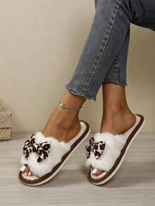 Girly Leopard Print Bow Plush Open Toe Slippers, Comfortable Indoor House Slides - Khaki - View 4