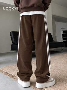 1pc Men's Simple College Style Corduroy Comfortable Loose Drawstring Straight Leg Casual Long Pants - Brown - View 2
