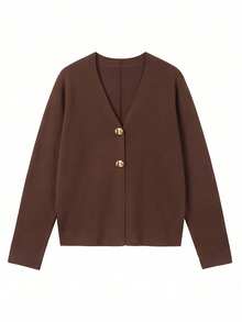SEREN Fashion Women's Autumn/Winter Knitted Cardigan, V-Neck Long Sleeve Design With Button Details - Brown - View 7
