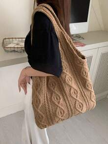 Women's Tote Bag/Handbag, Back To School Crochet Woven Bag, Large Women's Handbag, Women's Knitted Shoulder Bag, Crochet Woven Bag, Girls' Crochet Woven Bag, Summer Beach Tote Bag, Large Capacity Student Summer Tote Bag, Women's Beach Sand-Proof Knitted Shoulder Bag, Vintage Hollow Out Supermarket Shopping Handbag. Christmas, Halloween, Mother's Day Gift. - Camel - View 5