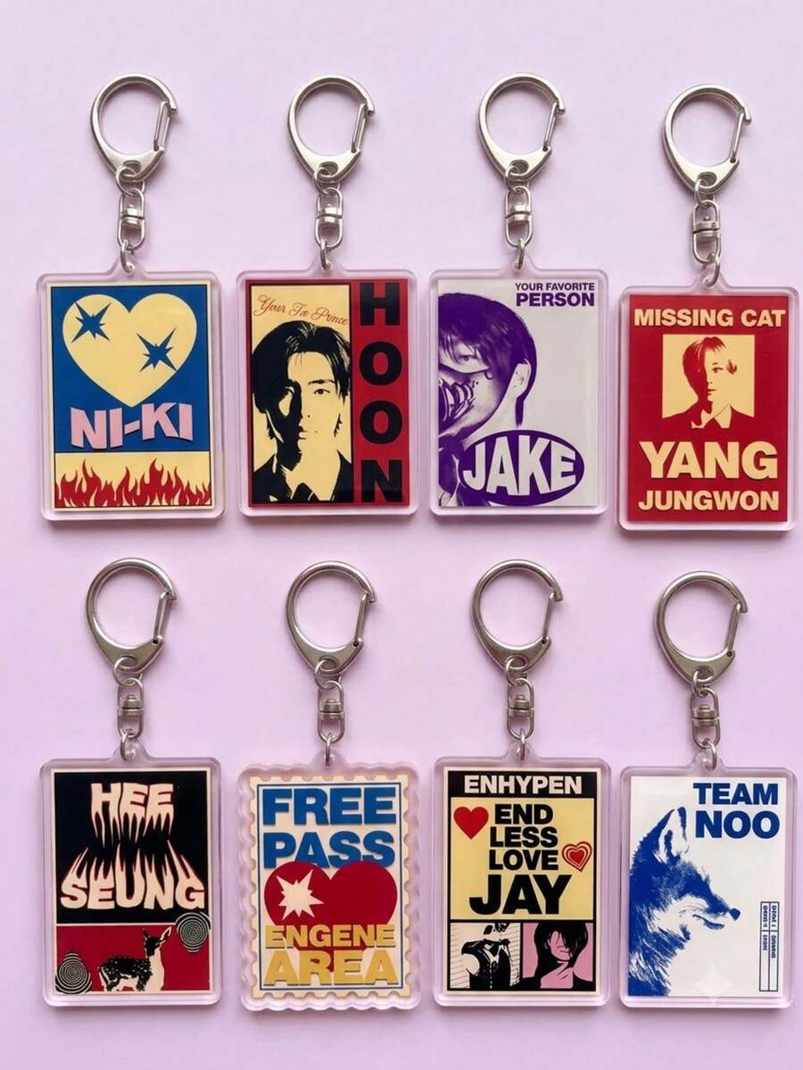 1pc/8pcs K-Pop EN-HYPEN Members Aesthetic Acrylic Keychains, Member Series Stamp Design, Rectangular Pattern Pendant, Backpack And Car Key Accessories, K-Pop Fans And ENGENE Fan Gifts - Multicolor - View 1