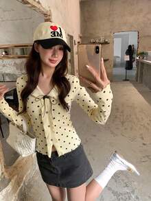 Preppy Sweet Vacation Date Contrast Color Polka Dot Frill Trim Women's Top, Suitable For Back To School Season, Gatherings - Pale Yellow - View 1