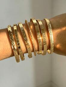 7pcs Multi-Layer Stackable Fashion Minimalist Elegant Exquisite Vintage Design Heart Star Smile Asymmetrical Embossed Texture Geometric Ribbon Twisted Metal Style Bracelets Set, Holiday Vacation Party Date Gift, Daily Commute Wear, Personalized - Yellow Gold - View 3