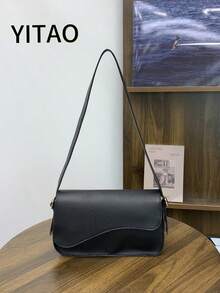 New Fashion Flap Magnetic Closure Shoulder Bag, Commuter Minimalist Underarm Small Square Bag - Black - View 2
