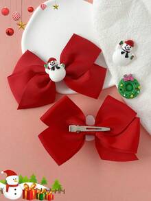 2Pcs Christmas Solid Color Grosgrain Ribbon Bow Hair Barrettes, Cute 3D Snowman Patch Big Bow Hair Clips, Festive Holiday Hair Accessories For Girls - Snowman Style - View 5