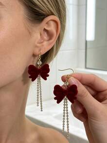 1 Pair Of Fashionable Personalities Bow Tassel Earrings Suitable For Wedding Parties And Gift Giving - Red - View 6