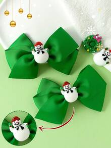 2Pcs Christmas Solid Color Grosgrain Ribbon Bow Hair Barrettes, Cute 3D Snowman Patch Big Bow Hair Clips, Festive Holiday Hair Accessories For Girls - Snowman Style - View 11