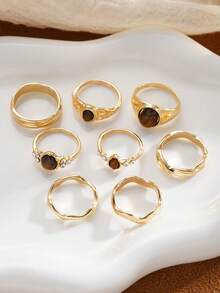 8pcs Vintage Elegant Old Money Style Tiger Eye Stone Teardrop Rhinestone Stacked Ring Set For Women, Suitable For Daily Wear, Party, Date, Evening Banquet, Perfect Gift Choice - Brown - View 6