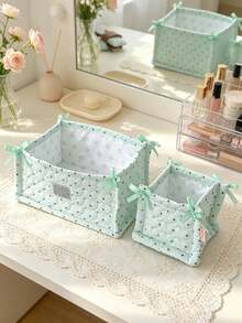 Cute Checkered Strawberry Home Storage Basket, Foldable Desktop Storage Bucket, Ribbon Bow Decoration, Miscellaneous Storage Basket, Makeup Bag - Multicolor - View 5