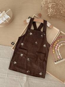INS Baby Girls Toddler Casual Full Body Embroidered Floral Corduroy Pocket Overall Dress Spring Autumn - Brown - View 4
