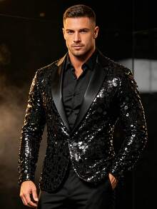 Modcrash Men's Shiny Sequin Satin Lapel Blazer, Bar Nightclub Singer Stage Performance Formal Single-Breasted Suit Jacket For Party And Banquet - Black - View 3