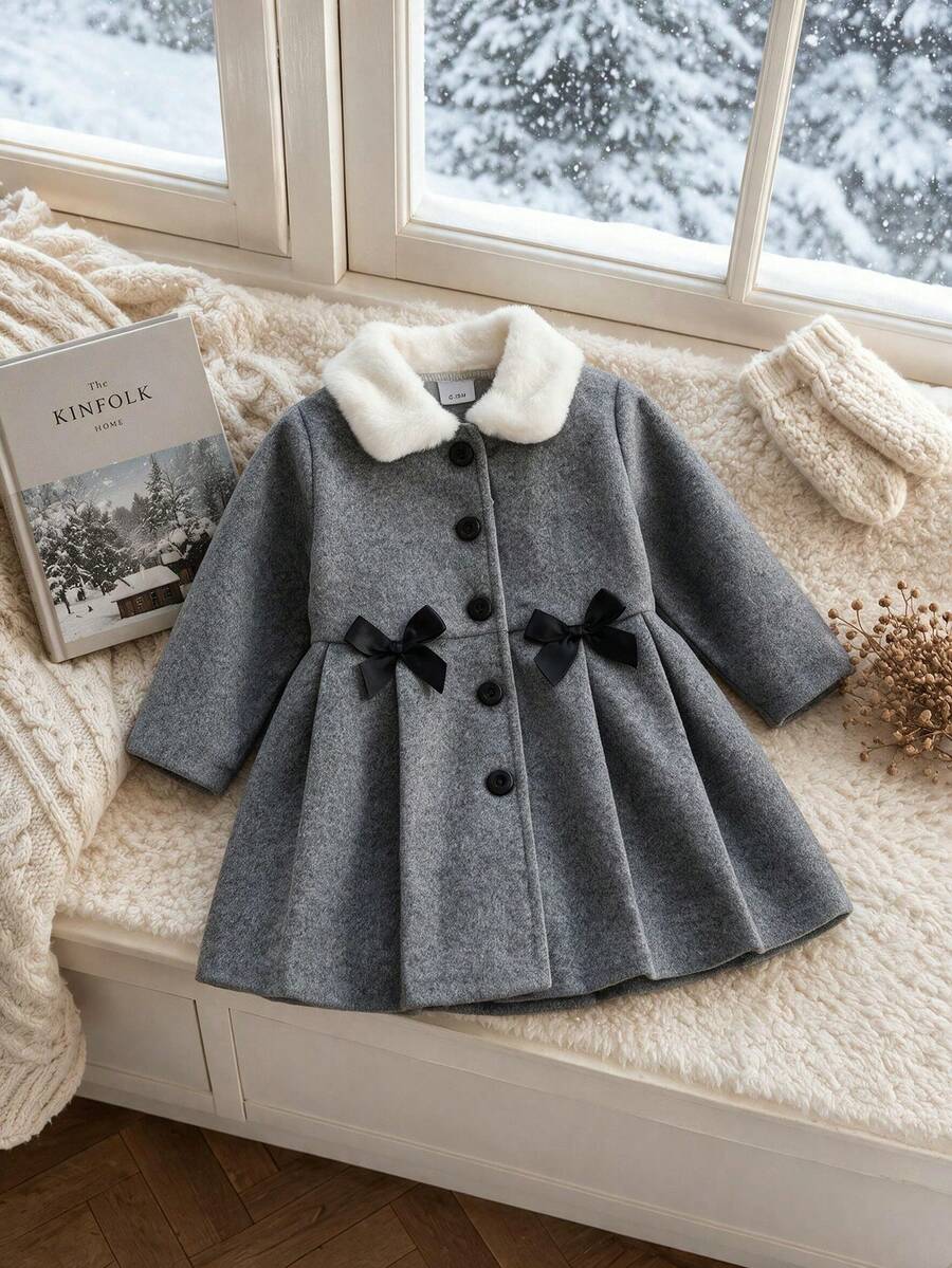 1pc Baby Girl Cute Comfortable Plush Collar Long Sleeve Open Front Wool Dress Set, Autumn/Winter Elegant Party - Grey - View 1