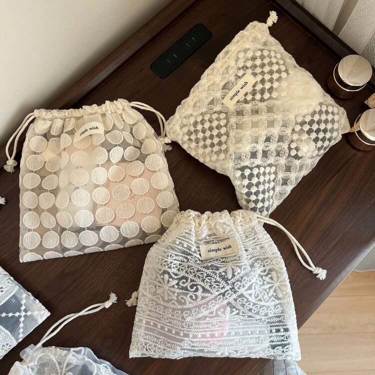 French Vintage Lace Cotton Embroidered Drawstring Small Fabric Pouch, Single Layer Thin Neck Jewelry Storage Bag With Print - White - View 10