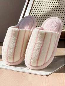 Women's Casual Minimalist Japanese Style Striped Slippers, Autumn/Winter Indoor Home Warm Cozy Plush Slides - Pink - View 1